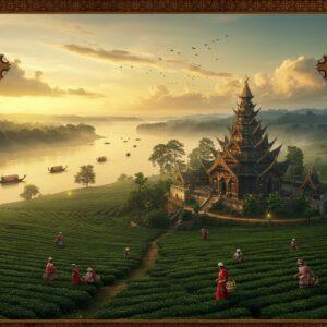 A mesmerizing aerial view of Baihata Chariali during golden hour, featuring lush tea gardens in the foreground with tea pluckers in traditional Assamese mekhela chador (in white and red). The composition shows the mighty Brahmaputra River cutting through the landscape with traditional wooden boats. In the middle ground, a beautifully detailed Assamese-style Namghar temple with intricate bamboo and wood carvings stands prominently. The background showcases misty hills with floating clouds. Traditional Assamese motifs like jaapis (traditional hats) and gamosas with geometric patterns frame the corners. The scene is enhanced with warm, golden lighting casting long shadows, creating a dreamlike atmosphere. The art style combines traditional Assamese folk art elements with modern digital techniques, using a color palette of deep greens, earth tones, and golden hues. Soft glowing elements and ethereal mist add a mystical quality. The overall composition should be detailed and cinematic, with photorealistic textures blended with artistic elements.