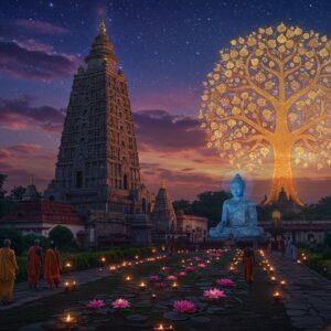 A serene nighttime scene of the magnificent Mahabodhi Temple illuminated in soft golden light, with its iconic spire reaching toward a star-filled sky adorned with ethereal purple and blue cosmic clouds. In the foreground, a stylized Bodhi tree with golden leaves shimmers with spiritual energy, its branches forming intricate mandalas in the air. Beneath the tree, a peaceful Buddha statue in meditation pose radiates a subtle blue aura. The surrounding landscape features modern Indian pilgrims in contemporary clothing walking on ancient stone paths lined with butter lamps. Floating lotuses in various stages of bloom emit gentle light, creating a path leading to the temple. The scene is rendered in a fusion of traditional Madhubani art patterns and modern digital art style, with rich jewel tones of deep blue, gold, and burgundy. Architectural details of the temple are enhanced with intricate geometric patterns, while the surrounding gardens blend ancient and contemporary elements with floating prayer flags and modern meditation spaces. The overall composition creates a mystical atmosphere balancing historical significance with contemporary spirituality, photorealistic lighting mixed with artistic elements, 8k resolution, cinematic composition.