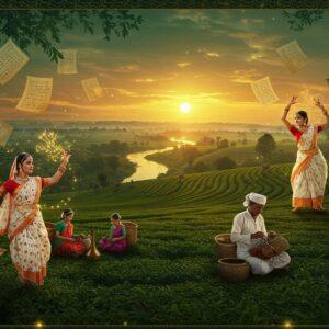 A mystical panoramic scene of Assam's landscape at golden hour, featuring a majestic Brahmaputra River winding through the frame like a golden serpent. In the foreground, an elegant Bihu dancer in traditional mekhela chador (white and gold) performs gracefully, her dance pose captured mid-movement. Around her, intricate Assamese motifs from jaapi (traditional hat) patterns float in the air like golden dust. The middle ground showcases master craftsmen working on bell metal crafts, their hands creating delicate designs that gleam with metallic brilliance. The background reveals rolling tea gardens with women in traditional attire plucking tea leaves, their silhouettes casting long shadows. Floating paper manuscripts of ancient Assamese texts and geometric patterns inspired by Muga silk weaves create an ethereal frame. The scene is illuminated by warm, glowing orbs reminiscent of traditional brass lamps. The art style combines hyperrealistic details with ethereal, dreamy elements, using a rich color palette of deep greens, royal golds, and warm earth tones. Ornate Madhubani-inspired borders blend with traditional Assamese gamosa patterns.
