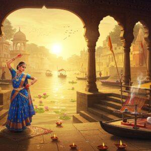 A panoramic view of Varanasi's ghats at dawn, with golden sunlight illuminating ancient stone steps descending into the shimmering Ganges. In the foreground, a classical Indian dancer in a vibrant peacock blue and gold Benarasi silk saree performs Kathak, her ghungroos catching the morning light. To her left, a seated musician plays the sitar, while to her right, an elderly artisan weaves an intricate Banarasi silk textile on a traditional handloom. The scene is framed by ornate architectural elements featuring detailed Madhubani-style patterns in deep maroon and saffron. Floating lotus flowers and diyas dot the river's surface, creating patterns of light. In the background, traditional boats with silk canopies glide by, while the air is filled with delicate swirls of incense smoke forming mandala patterns. The entire scene is rendered in a fusion of traditional Indian miniature painting style and modern digital art, with rich textures and a dreamy, ethereal quality. The lighting creates a warm, golden atmosphere with hints of dawn's pink and purple hues reflecting off the river surface.