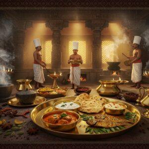 A grand medieval Indian royal kitchen scene set in Madurai palace, with intricate Dravidian architecture and carved pillars in the background, illuminated by warm golden light streaming through ornate windows. In the foreground, three traditionally-dressed Tamil palace chefs in white vestis and angavastrams prepare elaborate dishes on brass and bronze vessels. The central focus is an ornate brass thali featuring authentic Nayak-era dishes - pearl onion sambar, pepper-spiced mutton curry, and golden-fried fish, garnished with curry leaves. Surrounding the scene are authentic period-specific cooking implements, including stone grinders, brass urlis, and earthen pots. Aromatic steam rises in artistic swirls, carrying subtle hints of pepper, star anise, and cardamom. The scene incorporates Madhubani-style decorative elements in deep maroon and peacock blue, with intricately painted borders featuring traditional Tamil kolam patterns. The lighting is dramatic with ethereal golden rays highlighting the steam and the polished brass vessels, creating a mystical atmosphere that bridges ancient and contemporary aesthetics.