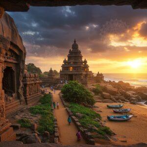 A breathtaking aerial view of Mahabalipuram's Shore Temple silhouetted against a dramatic sunset sky with deep oranges and purples, surrounded by crashing waves. In the foreground, ancient rock-cut caves with intricate Pallava-era carvings emerge from lush tropical vegetation. A winding path leads through the scene, connecting the temple to a pristine beach where traditional fishing boats with colorful sails rest on golden sand. The scene features mystical elements like soft glowing orbs of light floating among the ruins, and detailed mandala patterns in the clouds. The lighting creates a magical atmosphere with sun rays filtering through the cave openings. The art style combines photorealistic architecture with ethereal Indian traditional art elements, featuring a color palette of deep sea blues, sandy golds, weathered stone greys, and warm sunset hues. Small groups of people in modern clothing are seen exploring the caves and beach, giving scale to the grandeur of the ancient structures. Ornate Pallava-style pillars frame the composition on both sides, with delicate lotus motifs and peacock designs etched into them.