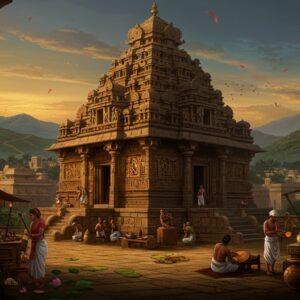 A majestic ancient Indian cityscape at dusk, featuring a grand Kadamba-style temple with its distinctive stepped pyramid shikhara adorned with intricate stone carvings. The temple's facade showcases characteristic Kadamba architectural elements - horseshoe-shaped arches, ornate pillars with bell-shaped capitals, and detailed reliefs depicting scenes from daily life. In the foreground, skilled artisans in period-accurate clothing work on copper plate inscriptions and mint coins, while others craft elaborate jewelry. The scene is illuminated by warm golden light, creating dramatic shadows that highlight the architectural details. Traditional Kadamba motifs like lotus patterns and geometric designs are integrated throughout. The background shows verdant Western Ghats mountains with ancient trade routes winding through them. The color palette features rich earthy tones - deep browns, burnt siennas, and gold, accented with touches of emerald green and royal blue. The art style combines hyperrealistic architectural details with stylized Madhubani-inspired decorative elements, creating a seamless blend of historical accuracy and artistic interpretation. Atmospheric elements include floating lotus petals and subtle light rays filtering through the temple's intricate jali work.