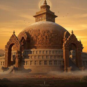 A magnificent ancient Indian Buddhist stupa rendered in photorealistic detail, rising majestically against a warm sunset sky with golden and saffron hues. The stupa's dome is intricately carved with detailed Madhubani-style reliefs depicting Buddhist tales, with special emphasis on the Jataka stories. The railing (vedika) shows elaborate medallions and narrative panels in rich maroon and deep blue colors. In the foreground, life-sized sculptures of Yakshis stand gracefully at the gateways, wearing period-accurate ancient Indian attire and jewelry. The scene is enhanced with ethereal elements - floating lotus petals, glowing mandalas, and soft mist around the base. The lighting creates dramatic shadows on the carved reliefs, highlighting their intricate details. The surrounding landscape features ancient trees with prayer flags, creating depth. The composition seamlessly blends archaeological accuracy with spiritual atmosphere, incorporating both realistic textures of weathered sandstone and mystical elements like subtle auras and celestial lights. The art style combines hyperrealistic architectural details with the flowing, ornate patterns of traditional Indian art.