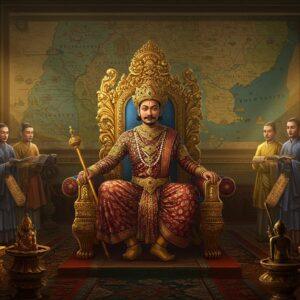 A majestic scene depicting King Bhaskar Varman seated on an ornate golden throne, wearing elaborate Kamarupa royal attire with intricate patterns and jewels. He holds a golden scepter in his right hand, while his left hand rests on ancient manuscripts. Behind him, a large detailed map of his empire stretches across the wall, highlighted with golden borders showing the Brahmaputra Valley. The throne room features traditional Assamese architecture with carved wooden pillars and motifs. Surrounding him are diplomatic envoys from Tang Dynasty in silk robes, suggesting his international relations. The lighting is dramatic with warm golden rays filtering through ornate windows, creating a divine atmosphere. In the foreground, symbols of his patronage to Buddhism and Hinduism - bronze statues, manuscripts, and temple spires - are artistically arranged. The art style combines Madhubani's intricate detailing with modern digital art techniques, using a rich color palette of deep maroons, royal blues, and burnished gold. The scene is framed by traditional Assamese geometric patterns and lotus motifs, with a subtle glow emanating from the entire composition.