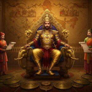 A majestic scene depicting King Bhaskar Varman of Kamarupa in ornate golden armor and royal regalia, seated on an intricately carved throne with elephant motifs, characteristic of ancient Assamese architecture. He's wearing a distinctive crown adorned with precious gems and pearls. In the background, a large stylized map of ancient India rendered in Madhubani art style with rich gold and deep maroon colors. The scene shows multiple diplomatic scenes in miniature: to his right, Chinese envoy Xuanzang in traditional Chinese robes presenting scrolls, symbolizing diplomatic relations; to his left, representatives from Thanesar and Kanauj kingdoms in period-accurate clothing offering gifts. The foreground features detailed symbols of power - royal seals, copper plates, and weapons of war arranged in a mandala pattern. The lighting is dramatic with warm golden hues, creating an ethereal atmosphere. The art style combines traditional Indian Pattachitra techniques with modern digital aesthetics, featuring intricate patterns and borders. Palace architecture in the background showcases the grandeur of Kamarupa kingdom with elements of traditional Assamese temple architecture. The overall composition should have a surreal, mystical quality while maintaining historical accuracy in details.