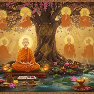 A serene Buddhist nun in a saffron-colored robe seated in padmasana on a lotus platform, meditating under a sacred Bodhi tree with golden-illuminated leaves. The scene incorporates intricate Madhubani-style border patterns featuring Buddhist symbols like the dharma wheel and endless knots. Multiple ethereal, translucent silhouettes of nuns performing various Buddhist practices fade into the background. Soft morning light filters through the tree, creating a mystical atmosphere. The foreground features carefully arranged offerings - butter lamps, flowers, and sacred texts written on palm leaves. Flowing water elements with lotus flowers create peaceful reflections. The color palette combines deep saffron, soft gold, peaceful blues, and earthy browns. The art style merges traditional Indian art with modern digital aesthetics, emphasizing both the historical significance and contemporary relevance. Small details include floating prayer flags, gentle incense smoke forming spiritual patterns, and delicate cherry blossoms falling around the scene. The nun's expression reflects deep inner peace and wisdom.