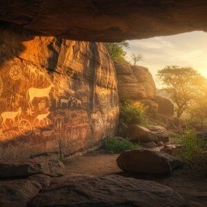 A mystical panoramic view of Bhimbetka rock shelters at golden hour, featuring massive weathered quartzite rock formations with natural warm ochre and deep red hues. In the foreground, intricate prehistoric cave paintings come alive through glowing outlines - hunters with spears chasing majestic deer, dancing figures in tribal attire, and battle scenes with warriors. The paintings seamlessly blend with Madhubani-style decorative patterns. Ethereal beams of sunlight filter through the rock formations, creating dramatic shadows. The scene includes delicate floating mandalas and sacred geometry patterns in gold and saffron that overlap with the rock art. The landscape shows ancient trees with twisted trunks, and scattered megalithic stones covered in phosphorescent moss. The color palette combines earthy browns, deep maroons, and burnt orange with mystical touches of turquoise and gold. Photorealistic textures of the rock surface meet surreal, ethereal lighting effects. The composition suggests both geological antiquity and spiritual significance, with a dreamy atmospheric perspective. Hyperdetailed, cinematic quality, shot in ultra-wide angle.