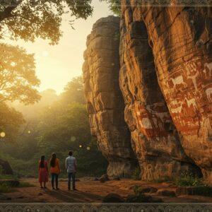 A mystical panoramic view of ancient Bhimbetka rock shelters at golden hour, featuring towering weathered rocks with detailed prehistoric cave paintings in ochre, white, and deep red. The paintings show dynamic scenes of hunters, dancers, and animals in authentic Mesolithic style. In the foreground, two modern Indian tourists (male and female) in casual wear gaze up in wonder, their silhouettes casting long shadows. The surrounding landscape showcases the dense Ratapani Wildlife Sanctuary with sal trees and indigenous flora. Ethereal rays of sunlight filter through the canopy, creating a magical atmosphere. The scene incorporates Madhubani-style decorative borders with traditional tribal patterns and motifs. Soft, glowing orbs of light float around the rock formations, adding a surreal touch. The color palette features earthy browns, deep oranges, forest greens, and touches of gold. The art style merges photorealistic landscape photography with traditional Indian art elements, rendered in high-detail digital art with atmospheric lighting and depth of field effects.