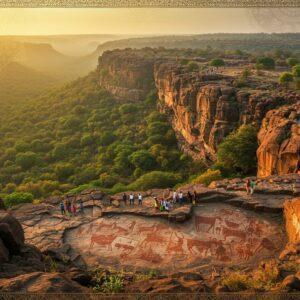 A breathtaking aerial view of the ancient Bhimbetka rock shelters nestled within lush green Vindhya mountains, with dramatic sunlight filtering through morning mist. In the foreground, a detailed recreation of prehistoric cave paintings in rich ochre and deep red hues shows hunters with spears chasing deer and bison. The cave art seamlessly transitions into a mystical, ethereal interpretation using traditional Indian Madhubani patterns. The scene features intricate geometric borders reminiscent of traditional Indian art, with delicate mandala patterns in gold and saffron floating in the sky. The lighting is warm and golden, casting long shadows across the rocky terrain. Small groups of modern tourists, dressed in contemporary Indian attire, are shown exploring the site, their silhouettes providing scale to the massive rock formations. The art style combines photorealistic landscape photography with stylized traditional Indian art elements, creating a magical atmosphere that bridges ancient and modern times. The color palette includes earthy browns, forest greens, deep ochres, and hints of gold and turquoise in the sky.