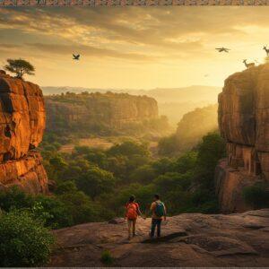 A breathtaking panoramic view of Bhimbetka's rocky landscape at golden hour, featuring towering sandstone formations with ancient rock art visible on their weathered surfaces. In the foreground, a young Indian couple in modern hiking gear (earth-toned) carefully traverses a natural stone path. The scene is rich with dense deciduous forest in deep greens and golds, with rays of sunlight filtering through the canopy. Native wildlife is subtly integrated - a pair of Indian paradise flycatchers in flight, spotted deer (chital) grazing in a distant clearing, and langurs perched on rock outcrops. The composition includes delicate Madhubani-style border patterns featuring local flora like mahua and tendu leaves. The lighting is dramatic with warm oranges and cool shadows, creating depth and mystery. The atmosphere is misty and ethereal, with subtle mandala patterns in the sky suggesting the spiritual significance of the location. The style merges photorealistic nature photography with traditional Indian art elements, creating a surreal yet inviting scene that captures both the natural and historical essence of Bhimbetka.