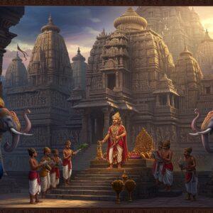 A majestic panoramic scene of ancient Odisha, featuring a grand Kalinga-style temple complex with intricate stone carvings in the background. In the foreground, a regal Indian king from the Bhoi Dynasty stands atop ornate palace steps, wearing elaborate gold-threaded royal attire and traditional Odishan jewelry. He holds a golden sword and is surrounded by court scholars holding palm leaf manuscripts. The scene includes traditional Pattachitra-style border elements with intricate patterns in deep maroon and gold. Dancing peacocks and elephants adorned with ceremonial decorations frame the scene. The lighting is dramatic with golden sun rays filtering through ornate temple spires, creating a mystical atmosphere. The color palette features rich jewel tones - deep blues, royal purples, and burnished golds. Architectural details show influence of both Hindu and Buddhist styles. The scene is rendered in a style blending traditional Pattachitra art with modern digital fantasy aesthetics, creating a hyper-detailed, ethereal quality. Multiple levels of carved stone reliefs depict scenes of warfare, cultural ceremonies, and daily life during the Bhoi era.