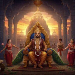 A majestic scene depicting an ancient Indian royal court, with the Bhoi Dynasty founder King Ramachandra Dev I seated on an ornate golden throne adorned with peacock motifs and precious gems. He wears a rich maroon and gold embroidered royal attire, complete with a distinctive tall crown featuring the Kalinga style. The background showcases the iconic Jagannath Temple of Puri in a ethereal, glowing sunset light. Multiple carved stone pillars frame the scene, decorated with intricate Odishan architectural patterns. In the foreground, court scholars hold ancient palm leaf manuscripts, while traditional Odissi dancers perform in graceful poses. The scene includes symbolic elements like the royal insignia of the Bhoi Dynasty, temple spires, and floating lotus flowers. The lighting creates a dramatic golden hour effect, with rays of light filtering through ornate windows. The art style combines traditional Pattachitra patterns with modern digital art techniques, using a rich color palette of deep blues, royal purples, burnished golds, and warm earth tones. Floating mandalas and subtle sacred geometry patterns add a spiritual dimension to the composition.