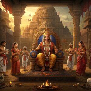 A majestic scene depicting an opulent Odishan royal court during the Bhoi Dynasty, centered on a powerful Indian king wearing elaborate gold-threaded pattachitra-style royal attire and jewels, seated on an intricately carved stone throne. The throne is adorned with traditional Kalinga motifs and lotus patterns. Behind him stands the grand architecture of Mukteswara Temple with its distinctive torana gateway. The scene features courtiers in period-accurate clothing, musicians with pakhawaj and veena, and dancing devadasis in traditional Odissi poses. The lighting is dramatic with warm golden sunlight filtering through ornate temple windows, creating a mystical atmosphere. In the background, artisans are shown crafting temple sculptures and palm leaf manuscripts. The art style combines traditional Pattachitra techniques with modern digital art aesthetics, using rich colors like deep maroon, royal blue, and burnished gold. The scene is framed by intricate mandala patterns and stylized sun symbols of the Konark temple. Floating ethereal lotus flowers and subtle spiritual symbols add a mystical quality to the composition.