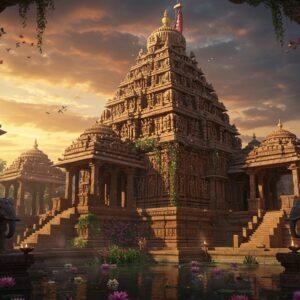 A majestic ancient Indian temple complex rising against a dramatic sunset sky, featuring the signature Kalinga architecture style with its curvilinear spire (deul) and intricate sandstone carvings. The main temple showcases elaborate sculptural details of celestial dancers, mythological scenes, and geometric patterns in deep honey-colored stone. Multiple smaller shrines surround the main temple, connected by ornate archways. The foreground features a pristine reflection pool with floating lotus flowers in soft pink and white. Traditional oil lamps cast a warm, golden glow across the temple walls. Intertwining vines with delicate flowers climb the ancient stones. The scene incorporates modern lighting techniques with rays of sunlight filtering through the temple's jharokhas (ornate windows), creating ethereal light beams. The composition includes detailed stone elephants guarding the temple entrance, their surfaces weathered yet majestic. Art style combines hyperrealistic architectural details with magical realism, emphasizing the deep maroons, saffrons, and peacock blues characteristic of traditional Indian art. Atmospheric elements include soft, glowing mist and floating flower petals.