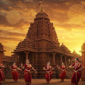 A majestic Odishan temple complex in the signature Kalinga architectural style, rendered in intricate Pattachitra art style, with detailed stone carvings and spires reaching toward a mystical sunset sky filled with swirling golden mandalas. The central temple features traditional Bhoi-era decorative elements, including ornate bhumijas, elaborate jagamohanas, and intricate lotus motifs. In the foreground, traditionally dressed Odishi dancers in rich maroon and peacock blue silk sarees perform graceful mudras, their jewelry glinting in the warm light. The scene includes detailed architectural elements like the amalaka, kalasa, and gandi specific to Odishan temple architecture. The background showcases relief sculptures depicting scenes from Hindu mythology, with soft glowing halos illuminating the carved figures. Delicate patterns inspired by Madhubani art float in the air, creating a dreamlike atmosphere. The color palette features deep saffron, royal blue, burnished gold, and earthy terracotta, traditional to Odishan art. The entire scene is backlit by a ethereal golden glow, creating dramatic shadows that emphasize the architectural details. Hyperrealistic digital art style with photographic quality, enhanced with magical realism elements.