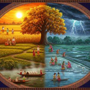 A stunning panoramic view of Bihar's landscape transitioning through four distinct seasons in a spiraling mandala-like composition. In the center, a magnificent ancient Bodhi tree with golden-orange leaves. The top quarter shows summer with sun-drenched wheat fields, farmers in traditional dhoti working under a bright sun, with heat waves visible. The right quarter depicts monsoon scene with dark clouds, lightning streaks, and vibrant green paddy fields with women in colorful saris planting rice. The bottom quarter shows winter with morning mist over the Ganges, boats with bundled passengers, and bare trees with frost. The left quarter illustrates spring with bright yellow mustard fields, blooming mango trees, and children flying kites. The entire scene is rendered in rich Madhubani art style with intricate patterns, but modernized with digital gradients and atmospheric lighting. The borders feature traditional Bihar motifs in gold and deep indigo. The scene is illuminated with a combination of warm sunlight and cool moonlight, creating a dynamic play of light and shadow. Hyperrealistic details in the faces and landscapes, with magical realism elements like floating seasonal flowers and swirling weather patterns.