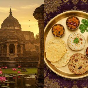 A magnificent split-screen composition showcasing Bihar's grandeur - on the left, the ancient Nalanda University ruins bathed in golden sunset light with intricate carved pillars and Buddhist stupas, decorated with Madhubani-style patterns in deep indigo and maroon. On the right, a traditional brass thali with authentic Bihari delicacies - litti chokha, sattu paratha, and kadhi-badi arranged in a circular pattern, garnished with fresh coriander and red chilies. The scene is unified by swirling, ethereal patterns inspired by Madhubani art in gold and peacock blue. The foreground features richly detailed lotus flowers emerging from water, while the background incorporates subtle mandalas and traditional motifs. The lighting is warm and inviting, with soft glowing highlights and deep shadows. The composition should have a dreamy, surreal quality while maintaining photographic details of the food and architecture, rendered in a modern digital art style with rich textures and depth.