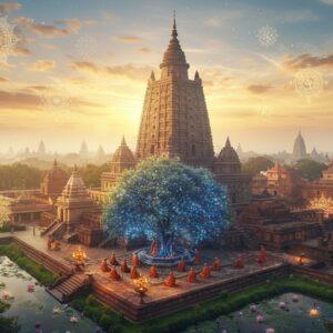 A majestic aerial view of the ancient Mahabodhi Temple at sunrise, its iconic spire gilded in golden morning light, surrounded by blooming lotus ponds and intricate Madhubani-style patterns floating in the sky. The temple grounds feature detailed architectural elements with traditional Bihar Buddhist motifs. In the foreground, a group of monks in saffron robes perform meditation near a sacred Bodhi tree, its leaves shimmering with ethereal blue energy. The scene is layered with visual elements: floating mandalas, glowing diyas, and intricate Sanskrit symbols rendered in luminescent gold. Soft mist weaves through the temple complex, creating a mystical atmosphere. The color palette combines deep maroons, saffron, peacock blue, and gold, with gentle pastel highlights. The landscape includes glimpses of other historical Bihar temples in the background, their silhouettes emerging through a dreamy haze. The composition merges photorealistic architecture with surreal spiritual elements, creating a serene yet powerful visual narrative. The art style combines traditional Indian Pattachitra patterns with modern digital art techniques, emphasizing both heritage and contemporary appeal. The lighting is warm and divine, with rays of light creating a spiritual ambiance.