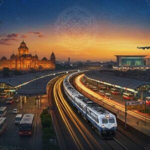 A dynamic aerial view of Bihar's transportation landscape at dusk, showcasing a modernized Patna Junction railway station with its distinctive colonial architecture illuminated in warm golden lights. A sleek Vande Bharat Express train in blue and white curves elegantly through the scene. The foreground features a modern BSRTC bus terminal with red and white buses. In the background, the Patna Airport's modern terminal building glows with contemporary glass architecture. The scene is stylized in a blend of traditional Madhubani art patterns for the sky, featuring intricate motifs in deep indigo and gold. Sacred Bodhi tree patterns frame the corners. The lighting creates a gradient from warm orange sunset hues to deep peacock blue night sky. Ethereal golden light streams illuminate the various modes of transport. The overall composition follows sacred geometry with a central mandala pattern subtly integrated into the infrastructure layout. The scene captures both Bihar's ancient heritage and modern development through surreal, spiritually-influenced digital art style.