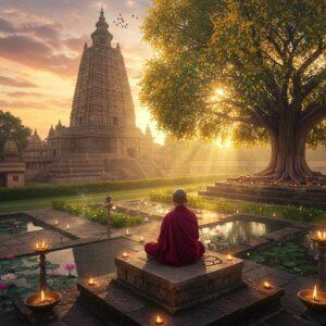 A serene aerial view of the majestic Mahabodhi Temple during golden hour, its iconic spire reaching towards a dreamy sunset sky filled with soft pink and purple clouds. The sacred Bodhi tree with golden-green leaves spreads its branches protectively over the temple, emanating a subtle divine glow. In the foreground, a young Indian Buddhist monk in deep maroon robes sits in peaceful meditation on an intricately carved stone platform, with a string of prayer beads in hand. The surrounding gardens feature blooming lotus flowers in pastel pink and white, floating in crystal-clear reflection pools. Ancient stone pathways decorated with traditional Buddhist motifs lead to the temple, while butter lamps create trails of warm, golden light. Soft beams of sunlight filter through the Bodhi tree's leaves, creating ethereal patterns on the ground. The scene combines photorealistic architecture with mystical elements, rendered in a style blending digital art with traditional Indian miniature painting techniques. The atmosphere is peaceful and inviting, with a subtle golden mist adding to the spiritual ambiance.