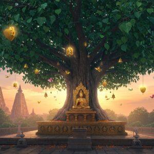 A majestic, ancient Bodhi tree with broad heart-shaped leaves centered in the composition, its branches spreading wide against a surreal dawn sky in soft pastel oranges and purples. The tree trunk is intricately detailed with traditional Indian patterns and mandala motifs in gold. Beneath the tree, a serene stone platform with the Vajrasana (Diamond Throne) adorned with ancient Buddhist carvings. Floating golden lotus flowers and enlightenment symbols spiral around the tree. Soft rays of divine light filter through the leaves, creating a mystical atmosphere. Small prayer flags and bells gently sway from the branches. In the background, the spire of the Mahabodhi Temple rises in a dreamy, ethereal style. The scene features delicate butterflies in flight and scattered flower petals. The overall color palette includes deep emerald greens, royal golds, and soft sunrise hues. Art style combines hyperrealistic botanical details with ethereal, spiritual elements, rendered in high-quality digital art with influences from traditional Indian miniature paintings. Natural lens flare and atmospheric lighting enhance the sacred ambiance.