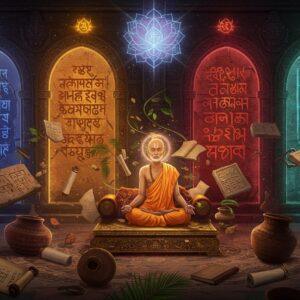 A mystical ancient Indian library setting with four distinct ethereal archways, each representing different scripts. In the center, a radiant Indian scholar in traditional dhoti and angavastram sits in padmasana on an ornate golden platform. Around him, floating scrolls and palm leaves emanate with a soft golden glow. The first archway features intricate Brahmi inscriptions on copper plates with peacock blue aura. The second archway showcases Devanagari on stone tablets with saffron luminescence. The third displays Kharosthi on ancient bark with deep maroon energy. The fourth shows Indus valley seals with mysterious symbols glowing in turquoise. Sacred threads of light connect all scripts to a central crystalline lotus mandala above the scholar. Scattered carved stone tablets, pottery shards, and copper plates with these scripts float weightlessly. The scene is illuminated by ethereal light sources, creating a dreamy, timeless atmosphere. Art style combines hyperrealistic textures with surreal lighting and traditional Madhubani patterns in the background. Include subtle sacred geometry patterns connecting the scripts.