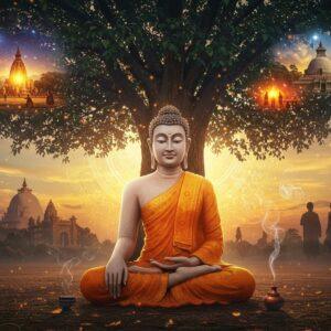 A serene, enlightened Buddha seated in padmasana under the sacred Bodhi tree at Bodh Gaya, rendered in a fusion of traditional Indian and modern digital art. The Buddha has a peaceful expression, elongated earlobes, and the urna mark on his forehead, wearing saffron robes with intricate golden patterns. The Bodhi tree's leaves shimmer with ethereal light, creating a celestial atmosphere. In the background, a cosmic mandala radiates soft golden and blue light, while floating lotus flowers in pastel pink and white create a path leading to the Buddha. Multiple translucent scenes fade into each other showing key moments: deer in Sarnath, the Great Stupa at Sanchi, and silhouettes of monks in meditation. The lighting is dreamlike with soft golden hour glow, creating long shadows and highlighting the peaceful ambiance. Subtle smoke trails of incense weave through the scene. The art style combines hyperrealistic details with spiritual symbolism, featuring rich textures and a color palette of deep maroons, celestial blues, and warm golds. The overall composition suggests both historical authenticity and timeless wisdom.