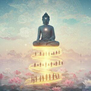 A serene Buddha statue in meditation pose floating above a spiral cosmic pathway made of golden light, representing the cycle of rebirth. The path contains ethereal scenes transitioning from darkness to light, showing silhouettes of human forms in different life stages. Lotus flowers in pastel pink and white emerge from misty waters below, their petals transforming into butterflies symbolizing transformation. The background features multiple translucent wheels of dharma in soft blue and gold, gently rotating. Swirling energy patterns and subtle mandalas in pale purple and silver create layers of depth. The lighting is otherworldly with soft glows and halos, creating a dreamy atmosphere. The Buddha's expression is peaceful and knowing, with a subtle smile and a glowing third eye. Traditional Tibetan clouds in turquoise and gold float in the distance. The art style merges digital art with traditional Buddhist thangka painting techniques, creating a contemporary spiritual aesthetic with deep cultural roots. 8k resolution, ultra-detailed, cinematic lighting, volumetric fog.
