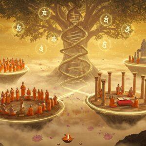 A grand, ethereal scene featuring four distinct circular platforms floating in a misty golden atmosphere, each representing a Buddhist council. The first platform shows King Ajatashatru with 500 monks in saffron robes at Rajagriha, illuminated by warm sunlight. The second platform depicts King Kalashoka with monks sorting palm leaf manuscripts at Vaishali. The third platform shows Emperor Ashoka with international monks at Pataliputra, surrounded by gleaming pillars. The fourth platform features Emperor Kanishka with monks carving texts on copper plates at Kashmir. Each platform is connected by flowing ribbons of light forming a DNA-like spiral. The background features a massive, intricately detailed Bodhi tree with glowing sacred Buddhist symbols and mandalas floating between its branches. Soft lotus petals float through the air, while ethereal Buddhist chants visualized as golden sound waves ripple through the scene. The art style combines traditional Ajanta cave painting techniques with modern digital art, using a color palette of deep saffron, royal blue, gold, and soft pastels. Multiple floating butter lamps create a mystical atmosphere with their warm glow. The scene is rendered in high detail with volumetric lighting and particle effects.