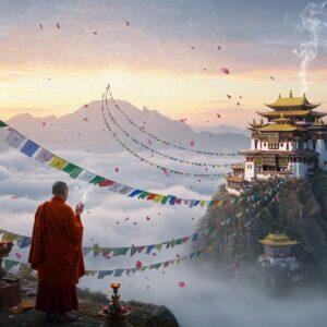 A majestic Tibetan Buddhist monastery perched on a misty Himalayan peak, with traditional prayer flags (blue, white, red, green, yellow) gracefully fluttering in the wind, creating a vibrant rainbow bridge across the frame. The flags transition from physical to ethereal forms, transforming into streams of colored light that spiral upward into a cosmic mandala. In the foreground, a serene Indian Buddhist monk in saffron robes performs a blessing ritual, his hands forming a mudra. The scene features intricate Madhubani-style patterns within the clouds, while the monastery architecture showcases detailed Tibetan designs with gold accents. Soft morning sunlight creates a dreamlike atmosphere, with floating lotus petals and incense smoke adding layers of mysticism. The color palette emphasizes the five colors of Buddhist flags against a backdrop of dawn pastels. Photorealistic digital art style with spiritual elements, atmospheric lighting, and volumetric fog effects. The composition should balance traditional elements with modern artistic techniques, creating a sense of timeless spirituality.