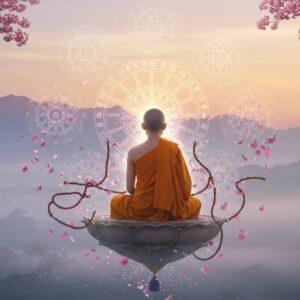 A serene young Indian Buddhist monk in saffron robes seated in lotus position on a floating lotus platform, meditating against a misty Himalayan backdrop at sunrise. The monk is surrounded by eight translucent, ethereal wheels representing the Noble Eightfold Path, each wheel containing intricate Madhubani-style patterns in gold and peacock blue. A soft, golden light emanates from the monk's aura, while floating prayer beads and delicate cherry blossom petals spiral around him. The scene features multiple layers of floating circular mandalas with Buddhist symbols in pastel pink and violet hues. The background shows a stylized Bodhi tree with glowing leaves, and subtle dharma wheels floating in the misty distance. The lighting is dreamy and atmospheric with god rays piercing through morning mist. The art style combines traditional Buddhist iconography with modern digital art techniques, creating a harmonious blend of ancient wisdom and contemporary aesthetics. The overall composition suggests peace, enlightenment, and spiritual journey.