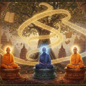 A serene Buddhist monastery library with ancient palm leaf manuscripts floating in spiral patterns, illuminated by soft golden light. In the center, three spiritually enlightened Indian monks in traditional saffron robes sit in padmasana on ornate lotus pedestals. Each monk radiates a different colored aura - copper-gold (representing Sanskrit), deep blue (representing Pali), and ethereal white (representing other Buddhist languages). Ancient manuscripts with intricate Brahmi and Devanagari scripts transform into flowing ribbons of light that weave between the monks. The background features a massive Bodhi tree with leaves made of shimmering golden script, its branches forming a natural mandala pattern. Floating crystal stupas emit soft pastel light in the distance. The scene incorporates traditional Madhubani patterns in the borders and architectural details. The atmosphere is mystical with swirling incense smoke, floating lotus petals, and small orbs of light. The color palette focuses on deep saffron, golden ochre, celestial blue, and warm earthy browns, rendered in a style blending traditional Indian art with modern digital aesthetics. Hyperrealistic details in the monks' expressions convey deep wisdom and peace.