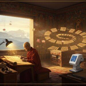 A serene Buddhist monastery library nestled in misty Himalayan peaks, illuminated by golden afternoon sunlight streaming through ornate windows. An elderly Indian monk in saffron robes meticulously restores an ancient palm leaf manuscript, surrounded by floating ethereal particles of light. The workspace features traditional preservation tools - palm leaves, stylus, and natural preservation oils, arranged in Mandala-like patterns. Surrounding walls adorned with intricate Madhubani-style artwork depicting the Buddha's life story. Modern preservation equipment seamlessly blends with ancient artifacts. Multiple ancient manuscripts float in a spiral pattern, each emitting a soft golden glow. Digital scanning equipment subtly placed in background, representing modern preservation. Smoke from sandalwood incense creates mystical patterns in the air. The scene is rendered in rich, deep colors - maroon, saffron, and peacock blue, with gold accents. Ethereal, dreamlike quality with soft focus edges. The art style combines traditional Tibetan thangka painting techniques with modern digital art aesthetics. Floating lotus flowers and gentle swirls of energy connect the ancient and modern elements.