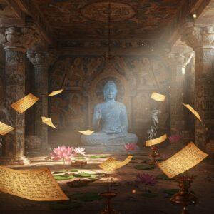 A serene ancient Indian library setting with ornate Buddhist manuscripts on palm leaves illuminated by soft golden light, floating in a spiral pattern around a central meditation hall. In the foreground, a detailed carved stone Buddha statue in Dhyana mudra, emanating ethereal blue-white aura. Behind, intricately painted walls featuring scenes from Buddhist history in Ajanta cave art style, with rich earth tones and deep indigos. Multiple floating lotus flowers in pastel pink and white create a path leading to the manuscripts. Delicate smoke wisps from copper incense holders intertwine with the floating texts. The scene is framed by beautifully detailed Ashoka pillars with dharma wheels. Modern digital art style with photorealistic textures, dramatic lighting with god rays streaming through ancient windows, maintaining traditional Indian architectural elements. The atmosphere is mystical with particle effects resembling floating dharma symbols in gold. Soft focus depth of field, emphasizing the central elements while creating a dreamy background. cinematic composition, ultra detailed, 8k resolution