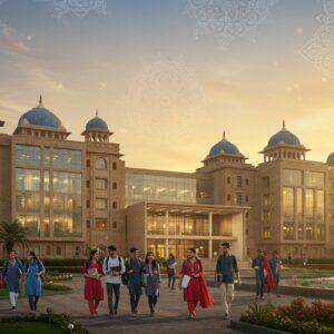 A grand modern glass and steel educational campus building with traditional Indian architectural elements, illuminated by golden sunset light. The building features contemporary curves blending with traditional Indian temple-like spires and domes in peacock blue and saffron. In the foreground, a diverse group of young Indian students in modern casual attire walking confidently, carrying laptops and books. The scene is framed by beautifully manicured gardens with blooming lotus ponds and modern water features. Floating above the building are ethereal, translucent mandalas in soft pastel blues and pinks, creating a dreamlike atmosphere. The lighting creates a dramatic interplay of shadows and reflections on the glass facade. Digital art style merging hyperrealistic architecture photography with traditional Madhubani patterns in the sky. The overall composition suggests academic excellence, modernity, and Indian cultural heritage, with a warm and inviting atmosphere.