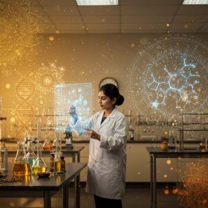 A modern, sophisticated laboratory setting with an Indian pharmacy student (female) in a pristine white lab coat performing research, illuminated by soft, ethereal lighting. She's working with a holographic display showing molecular structures in vibrant peacock blue and gold. The background features a harmonious blend of traditional Madhubani patterns in saffron and maroon, morphing into chemical formulas and DNA helixes. Modern glass beakers and scientific equipment adorned with intricate mandala patterns are arranged on sleek steel tables. Floating lotus flowers transform into medicine capsules and herbs, creating a bridge between traditional Ayurveda and modern pharmacy. The scene is bathed in a warm, golden glow with subtle particles of light, suggesting innovation and knowledge. The laboratory walls feature subtle Pattachitra-style borders with medicinal plants and compounds. Hyper-realistic digital art style with careful attention to scientific accuracy and traditional Indian artistic elements.