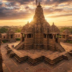 A majestic aerial view of Khajuraho temples at golden hour, with intricate sandstone architecture featuring ornate carvings and sculptures in Nagara style. The main temple rises prominently in the center, its shikhara (spire) reaching towards a dramatically lit sky with soft pastel clouds. Multiple smaller temples create a harmonious composition around it. In the foreground, detailed Madhubani-style decorative patterns merge with the temple grounds, featuring symbolic lotus pools and geometric mandala designs in deep maroon and gold. Rays of sunlight filter through the temple pillars, creating ethereal light beams. The scene includes small details of ancient Indian mathematical and astronomical symbols carved into the walls. The entire composition is rendered in a photorealistic style with enhanced golden lighting, emphasizing the architectural details while maintaining a dreamy, spiritual atmosphere. The color palette focuses on warm sandstone hues, deep saffron, and peacock blue accents, with hints of gold leaf effect on the temple spires.