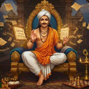A regal, dignified portrait of Chanakya in traditional Indian attire, wearing a simple white dhoti and angavastram, seated cross-legged on an ornate golden throne. His distinctive features include a sharp, determined expression, tied-back hair, sacred thread, and characteristic horizontal tilak marks. In his right hand, he holds the ancient manuscript of Arthashastra glowing with ethereal light, while his left hand forms the chin mudra. Behind him, a grand architectural backdrop of Takshashila University with intricate Mauryan pillars and stone carvings. The scene is illuminated by warm golden light, with floating sacred Sanskrit texts transforming into swirling patterns. The foreground features a richly detailed mandala pattern incorporating symbols of statecraft - crowns, swords, and royal seals. Artistic style combines hyperrealistic details with traditional Madhubani patterns in deep maroon, gold, and royal blue tones. Subtle visual elements include a peacock feather, an oil lamp, and a chess board with strategic pieces, symbolizing wisdom and strategy. The overall composition creates an atmosphere of ancient wisdom meets modern aesthetic, with a mystical, ethereal quality enhanced by soft glowing highlights and deep shadows.
