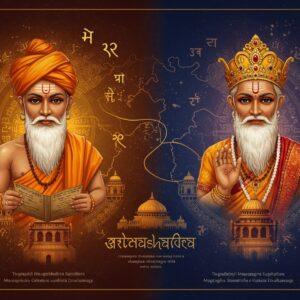 A striking split-screen composition showing two identical faces of a wise-looking Indian sage with sharp features, intense eyes, and traditional brahmin's sikha hairstyle. On the left side, he appears as Chanakya in simple saffron robes with a palm-leaf manuscript, surrounded by intricate Mauryan-era architectural details and symbols of statecraft. On the right side, as Kautilya, he's shown in royal court attire with the Arthashastra text, encompassed by detailed geometric patterns inspired by Mauryan architecture. A ethereal golden thread connects both figures, while in the background, a stylized map of ancient Magadha empire appears in deep indigo and gold. The scene is illuminated by warm, mystical light with floating Sanskrit characters dissolving into smoke. The art style combines traditional Madhubani patterns with modern digital art techniques, using a rich color palette of deep maroon, royal blue, saffron, and burnished gold. Intricate mandala patterns frame the composition, with subtle symbols of kingship, wisdom, and strategy woven throughout.