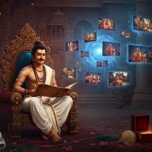 A majestic scene depicting Chanakya in his prime, wearing a pristine white dhoti and angavastram with golden borders, seated in Padmasana on an ornate wooden throne. His distinctive shikha (hair tuft) and sacred thread visible, holding ancient palm leaf manuscripts. Behind him, a grand Mauryan-style architectural backdrop with peacock motifs and intricate pillars. The scene transitions into modern elements through a swirling, mystical portal showing multiple screens floating in air, displaying scenes from various Chanakya adaptations in rich, cinematic colors. The lighting is dramatic with warm golden hues from traditional oil lamps meeting cool blue digital glows. In foreground, symbolic elements: a silver serpent ring, a royal seal, and a burning torch. Art style combines traditional Pattachitra patterns in the architecture with modern digital art techniques, rendered in hyperrealistic detail. The atmosphere is mystical with subtle smoke effects and floating lotus petals. The color palette focuses on royal purples, deep maroons, burnished gold, and midnight blues.