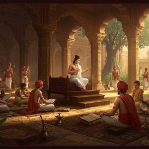 A majestic ancient Indian classroom scene set in Takshashila university, featuring Chanakya in traditional white dhoti and angavastram with his signature sikha (braided hair), seated on an elevated wooden platform. He's teaching a group of diverse students seated on the floor in cross-legged positions. The architecture showcases intricate Mauryan-style pillars with detailed carvings. Ancient manuscripts, copper plates, and palm leaves scattered around. A large banyan tree visible through ornate windows. Golden light filtering through, creating dramatic shadows. The scene includes symbolic elements like a peacock feather pen, ancient writing tools, and a small oil lamp. The background features subtle mandala patterns in deep maroon and gold. Multiple levels of study visible - some students practicing archery in a courtyard, others studying astronomy with celestial charts, and some engaged in diplomatic discussions. The art style combines traditional Madhubani patterns in the borders with photorealistic central figures, enhanced by ethereal lighting and a warm color palette of deep browns, golds, and rich earthy tones. Hyperdetailed, cinematic composition, magical realism.