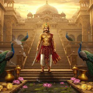 A majestic scene depicting Chandragupta I standing regally on the grand steps of a palace in Pataliputra, wearing an ornate golden crown and royal attire with intricate Gupta-era patterns. He holds a gleaming sword in his right hand and a royal seal in his left. His posture exudes strength and wisdom. Behind him rises a magnificent palace architecture featuring typical Gupta-period pillars and arches, adorned with detailed carved motifs. The background shows a dramatic sunrise with golden rays illuminating the scene, symbolizing the dawn of the Gupta empire. Royal peacocks frame both sides of the steps. The foreground features scattered gold coins bearing Gupta dynasty symbols and lotus flowers floating in a decorative water channel. Multiple levels of the palace are visible, with silk banners flowing in the wind. The lighting is warm and dramatic, creating a golden hour effect. The art style combines hyperrealistic digital rendering with traditional Indian Madhubani patterns in the architectural details. Atmospheric elements include subtle incense smoke creating a mystical ambiance. The color palette focuses on royal golds, deep maroons, and peacock blues, with careful attention to period-accurate clothing and jewelry details.