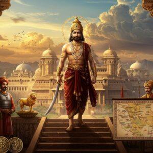 A majestic portrait of Chandragupta I in rich, royal attire standing atop the steps of a grand palace in Pataliputra, wearing an ornate golden crown and holding a gleaming sword. He wears a deep maroon dhoti with gold embroidery and multiple layers of precious gemstone necklaces. The background shows a vast kingdom with intricate Mauryan architecture, featuring the iconic polished pillars and Buddhist stupas. Ethereal golden light bathes the scene, while stylized clouds in peacock blue and deep purple swirl in the sky. The foreground displays symbols of his power - the Vakataka lion insignia, ancient coins bearing his image, and a detailed map of the Gupta Empire rendered in traditional Madhubani style. Royal guards in period-accurate armor stand at attention, while court scholars hold ancient manuscripts. The scene is framed by ornate pillars featuring detailed carvings of historical events. The lighting emphasizes the golden elements, creating a divine aura around Chandragupta. The art style merges hyperrealistic details with traditional Indian artistic elements, featuring rich jewel tones and intricate patterns. Cinematic composition, 8k quality, atmospheric lighting.