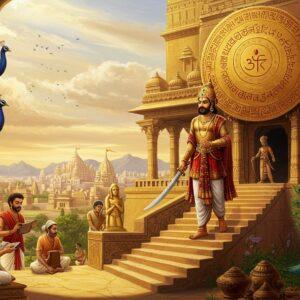 A majestic scene depicting Chandragupta I standing regally on the grand steps of a ornate palace, wearing an elaborate golden crown and royal attire with intricate Gupta-era patterns. He holds a gleaming sword in his right hand and a royal seal in his left. Behind him rises a massive golden sun disk decorated with classical Gupta motifs and Sanskrit symbols. The architecture features characteristic Gupta-period details with pillars adorned with lotus capitals and intricate carvings. In the background, a prosperous city stretches to the horizon with golden spires and temples. The foreground shows scholars holding palm manuscripts, artists creating sculptures, and traders with silk and spices, representing the cultural renaissance. Soft ethereal light bathes the scene in warm golden hues. The art style combines traditional Gupta period artistic elements with modern digital art techniques, featuring rich colors like deep maroon, royal blue, and burnished gold. Multiple peacocks with spread feathers frame the scene, symbolizing royalty. The overall composition suggests grandeur, prosperity, and the dawn of a golden age.