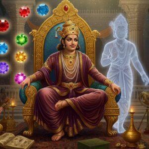 A majestic scene depicting Chandragupta II in royal Gupta-era attire, seated on an ornate golden throne with peacock motifs, wearing a detailed crown adorned with precious gems. His posture is regal, wearing multiple layers of fine silk robes in deep maroon and gold. The background features the grand court of Ujjain with towering pillars decorated with intricate Gupta-era patterns. Nine jewels (Navratnas) float as glowing orbs around him, each emanating a different colored light. To his right, a partially transparent, ethereal figure of Vikramaditya overlaps with his image, suggesting their mysterious connection. The scene includes symbolic elements of the Gupta empire - Sanskrit manuscripts, gold coins, and a map showing the vast empire. The lighting is dramatic with warm golden rays filtering through ornate windows, creating a mystical atmosphere. The art style combines traditional Indian miniature painting techniques with modern digital art, featuring rich colors like deep blues, royal purples, and burnished gold. Small details include musicians playing veena, scholars engaged in discussion, and astronomical instruments of the period. The overall composition suggests power, wisdom, and mystery.