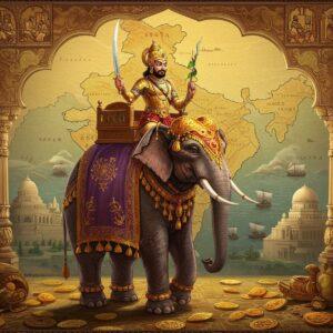 A majestic scene depicting Chandragupta II in regal attire astride a decorated war elephant, wearing a golden crown and elaborate armor with precious gems, against the backdrop of a stylized map of the Gupta Empire. The emperor holds a golden sword in one hand and a lotus scepter in another. The elephant is adorned with rich, embroidered fabrics in royal purple and gold. Surrounding him are intricate Gupta-era architectural elements, including ornate pillars and arches featuring classical Gupta motifs. The scene includes symbolic elements of his empire - coins bearing his image scattered in the foreground, trading ships in distant waters, and various regional architectural styles merging together. The lighting is dramatic with warm golden hues, creating a divine atmosphere. The art style combines traditional Indian Miniature painting techniques with modern digital art aesthetics, featuring rich colors like deep maroon, royal blue, and burnished gold. Intricate Gupta-period patterns and mandalas frame the composition. Multiple small vignettes in the background show scenes of prosperity - traders, scholars, and artists, representing the golden age of the Gupta Empire.
