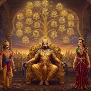 A majestic scene depicting Chandragupta II seated on an ornate golden throne in a grand Gupta-era durbar hall, wearing elaborate royal attire with precious gems and pearls. He's surrounded by intricate architectural details featuring classical Gupta pillars and arches adorned with peacock motifs and lotus patterns. To his right stands his daughter Prabhavatigupta in regal attire with traditional jewelry, while to his left is his son Kumaragupta I in princely garments. Behind them, a massive family tree emerges as a stylized golden tree with branches forming the Gupta dynasty's lineage, each branch ending in glowing mandalas. The scene is illuminated by warm, ethereal light filtering through ancient Indian-style jharokhas. The color palette features deep royal purples, rich golds, and burgundy reds. The art style combines traditional Gupta-period paintings with modern digital art techniques, maintaining historical accuracy in clothing, architecture, and jewelry while adding supernatural elements like floating lotus flowers and subtle spiritual auras around the royal figures. The background shows glimpses of the vast Gupta empire through decorative archways, with detailed miniature scenes of prosperity and cultural achievements.