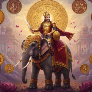 A majestic scene depicting Emperor Chandragupta II in ornate golden armor adorned with precious gems, riding a magnificent war elephant decorated with royal emblems and flowing silk drapes in deep crimson and royal blue. The Emperor wears the traditional Gupta crown with intricate details, holding a gleaming sword in one hand and a golden scepter in the other. Behind him, a massive stylized sun disk in burnished gold forms a halo, incorporating Gupta-era patterns and Sanskrit symbols. The background shows a palatial architecture with characteristic Gupta-period pillars and arches in soft, ethereal lighting. Multiple layers of smaller scenes float in medallions around the main figure: coins bearing his image, scholars in his court, and warriors in battle. The color palette features rich imperial purples, deep maroons, and luminous golds. The art style combines traditional Indian miniature painting techniques with modern digital art aesthetics, featuring intricate patterns, detailed textures, and a dreamy, atmospheric quality. Floating lotus petals and subtle smoke elements add movement and mystical quality to the composition. The lighting creates a divine aura, with soft glows and dramatic shadows emphasizing the emperor's powerful presence.