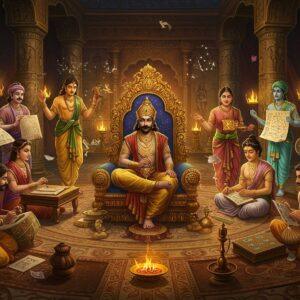 A majestic golden throne room in classical Gupta architecture style, where Chandragupta II sits regally in ornate golden attire and crown, surrounded by the Nine Gems arranged in a circular mandala pattern. Kalidasa writes on a palm leaf with ethereal poetry verses floating around him in soft glowing Sanskrit letters. Varahamihira studies celestial charts with constellations sparkling above. Dhanvantari holds an ornate Ayurvedic vessel with healing herbs. Amarasimha gestures while teaching, surrounded by floating lexicon symbols. Ghatkharpar creates mesmerizing art on canvas. Shanku works with mathematical instruments and geometric patterns. Vararuchi translates ancient texts amid floating scrolls. Vetalbhatta plays the veena with musical notes materializing as golden light. Kahapanaka demonstrates martial arts poses. The scene features intricate Gupta period patterns, with soft ethereal lighting in deep blues and golds. Floating lotus flowers, incense smoke, and glowing mandalas add a mystical atmosphere. The art style merges classical Indian miniature painting with modern digital fantasy art, hyperrealistic details in clothing and facial features, dramatic lighting highlighting the scholarly activities. Architecture shows detailed period-accurate pillars, arches, and murals in rich maroon and saffron hues.